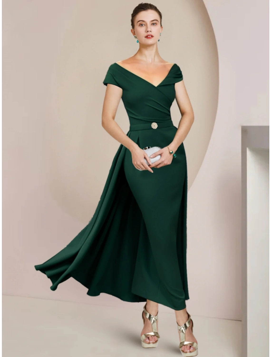 Wholesale  Sheath / Column Mother of the Bride Dress Wedding Guest Party Elegant V Neck Ankle Length Stretch Fabric Short Sleeve with Pleats Crystal Brooch